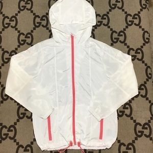 Women’s White Windbreaker/Raincoat Pink Zipper & accent Pink Rubber Pulls Hoodie